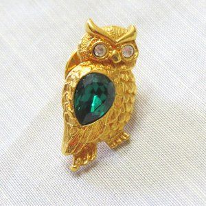 Vintage Avon Signed Rhinestone Crystal Emerald Green Owl Pin/Brooch